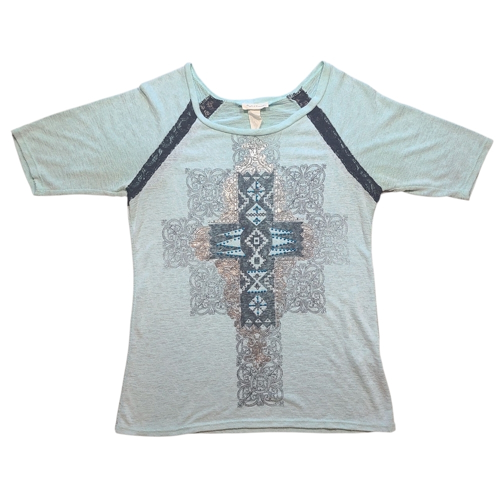 Angels & Diamonds Cross Graphic Top Large Lace Rhinestone Boho USA